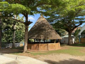 thatched roof seating area in Uganda